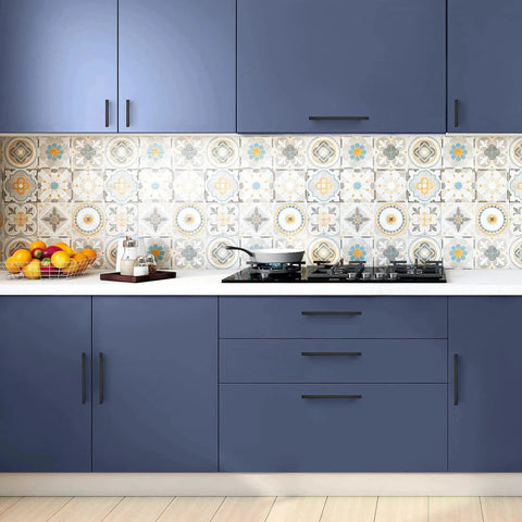 Modern kitchen with navy cabinets featuring 5 Pack 10 Inch Matte Black Square Cabinet Pulls Stainless Steel Kitchen Cupboard Dresser Handles
