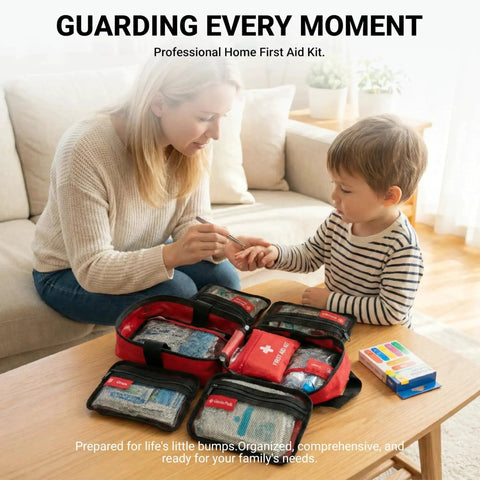 Mother using the 556 Piece Premium Large First Aid Kit for Home Office Travel and Sports with child at home