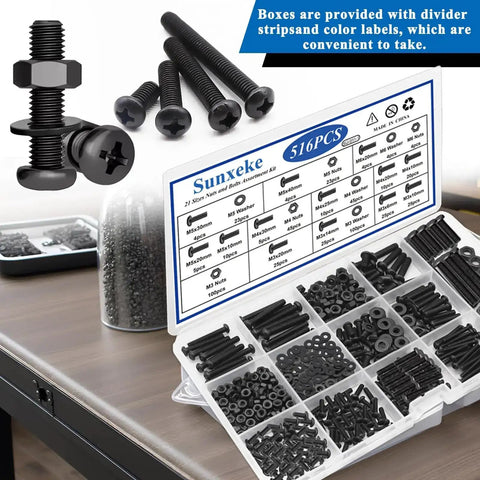 516 Piece Nuts And Bolts Hardware Kit With 21 Sizes M3 M4 M5 M6 Phillips Pan Head Fasteners And Washers in black case