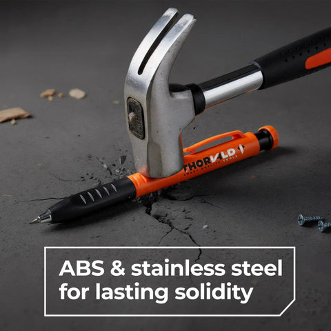 A hammer striking a black and orange 3-in-1 carpenter pencil with a comfortable finger grip, seven color coded leads, and a durable design.