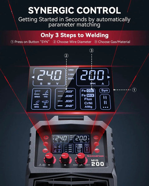 Front view of All In One 6 In 1 MIG Welder With Gas, Flux Core, Stick MMA, Lift TIG, Spot Weld, Spool Gun Ready Aluminum Multi Process Welder, 200Amp, LED Display, Burn Back Adjustment, 110V 220V with LED screen and controls.