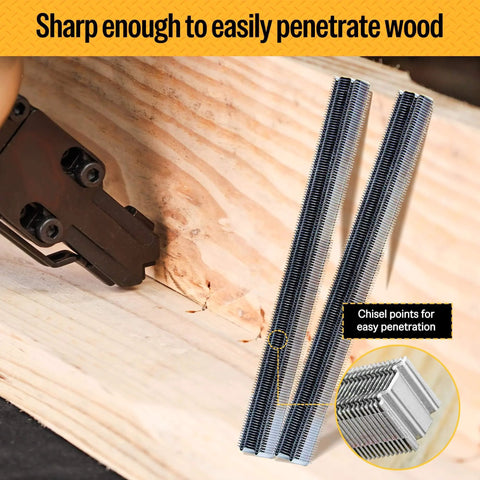 Corrugated W Staples Fasteners One Half Inch Crown By Three Eighth Inch Length Micro Corrugated Staples, Fourteen Thousand Count Box shown penetrating wood with standard staple gun, bright basic finish.