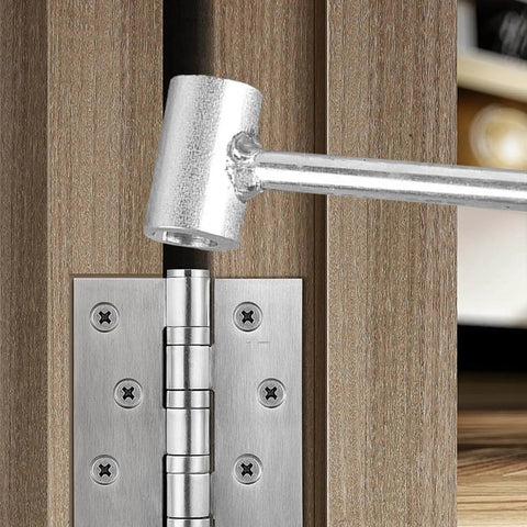 Pro Grade Adjustable Alignment Kit Door Hinge Repair Tool With Precision Positioning And Robust Steel Construction For Sagging Sticking And Misaligned Doors In Homes Apartments Offices And Workspaces, shown adjusting a door hinge.