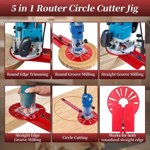 5 in 1 router circle cutter jig showing round edge trimming, straight and round groove milling, and circle cutting on wood.
