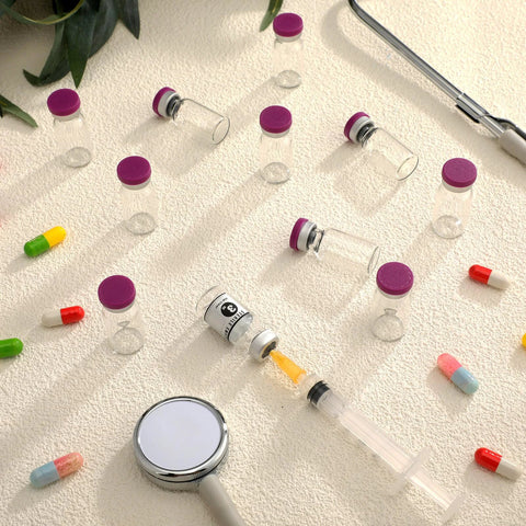 Twenty 3ml glass vials with purple caps, sealed sterile vials for injections