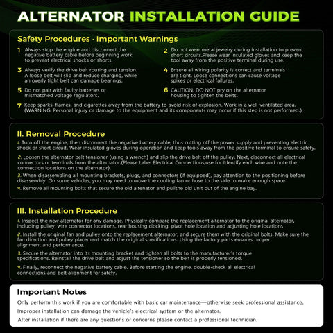 Guide for alternator installation with safety, removal, and installation instructions in green and black theme.