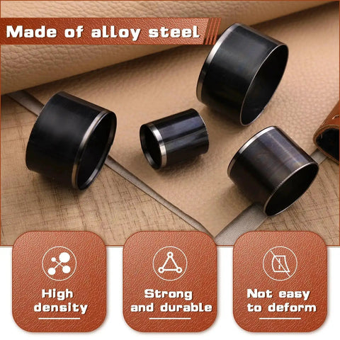 Alloy steel punches from the Eight Piece Leather Circle Cutter Set with high carbon steel, featuring eight diameters from 20 to 55 mm.