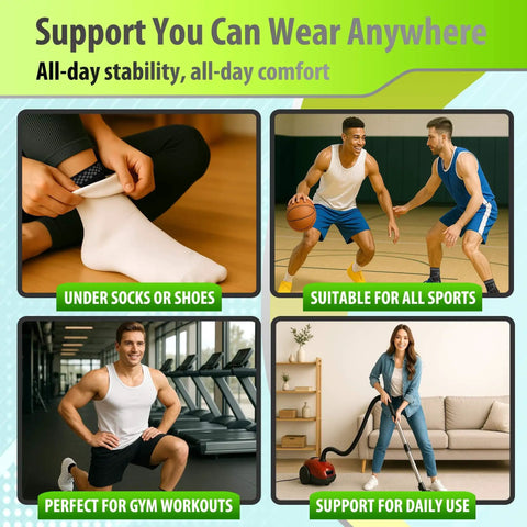 Collage showing All Day Comfort Ankle Support Brace For Men And Women With Adjustable Strap used under socks, playing basketball, at the gym, and vacuuming.