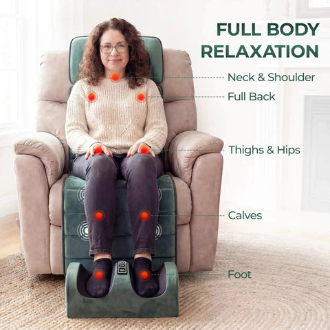 Woman using Ultimate Full Body Massage Mat with heat and detachable neck massager, showing full body relaxation points on recliner.