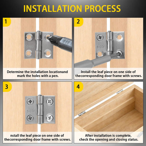 Mini 1-inch 304 stainless steel hinges, 6 pcs with mounting screws for wooden boxes and cabinet doors