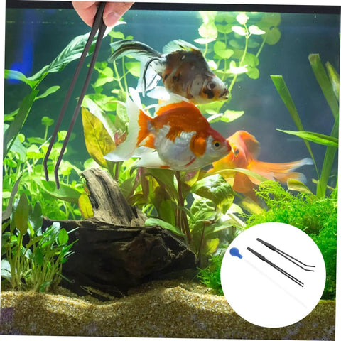 Person using Long Handle Stainless Steel Feeder Tweezers For Deep Water Feeding And Aquarium Plant Care in a fish tank with goldfish.
