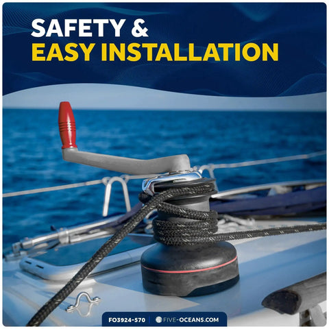 Five Oceans 10-inch floating sailboat winch handle installed on deck with rope and winch base, grey/red.