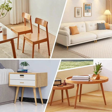 Furniture settings with Stainless Steel Adjustable Furniture Feet One Quarter Twenty Thread Screwed In Levelers for tables and chairs.