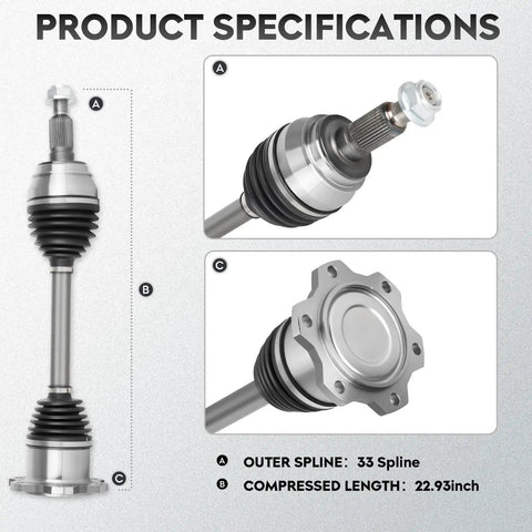 CV Axle Shaft Assembly Front Left And Right For Cadillac Escalade Chevy Silverado 1500 Tahoe Suburban GMC Sierra Yukon 2007-2020 4x4 Models Driver And Passenger Sides Replacement, 33-spline, 22.93 in length