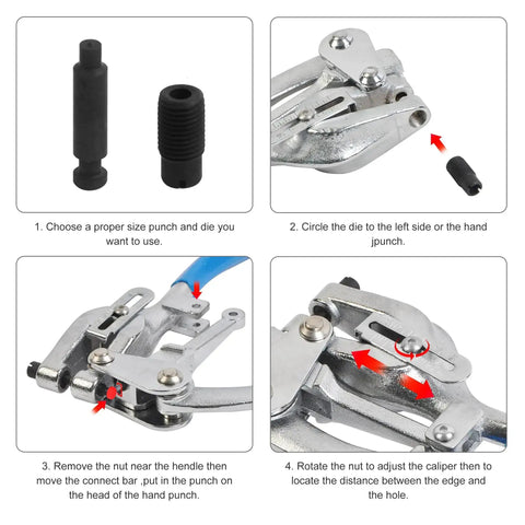 Heavy Duty Hole Punch Set Built To Last With Chrome Vanadium Steel Punches 3/32 In By 9/32 In in use, showing assembly steps