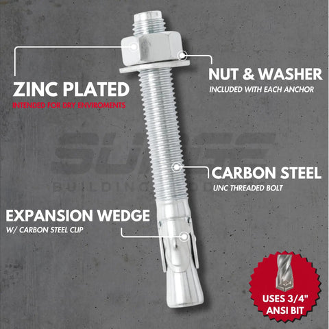Heavy Duty Three Quarters Inch Wedge Anchors For Concrete And Cement With Zinc Plating Seven Inch Length Box Of Twenty For Reliable Hold In CMU And Block Rust Resistant Fastening shown with zinc plating and expansion wedge details