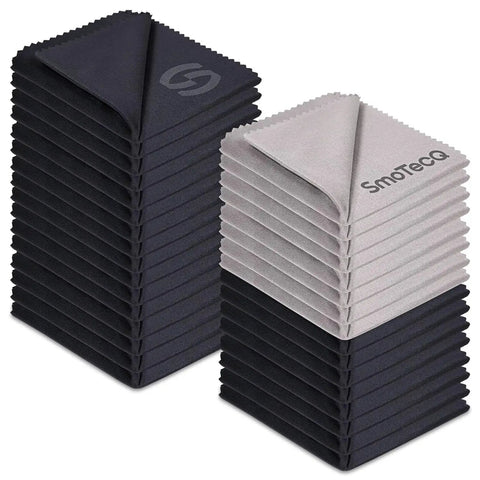 32 Pack Microfiber Cloths For Glasses And Screens Individually Wrapped Lint Free in black and grey stacks