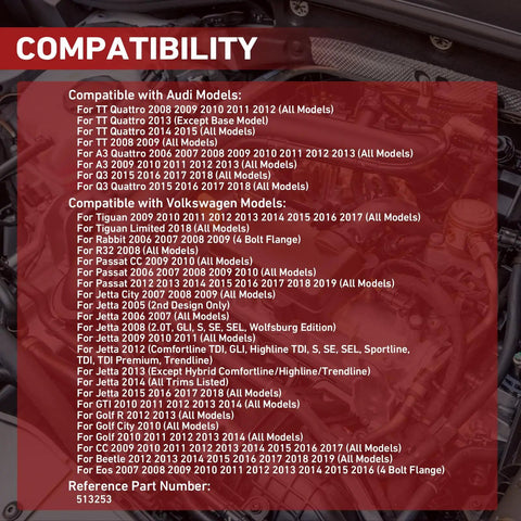 Compatibility list for Audi and Volkswagen models from 2005 to 2022 displayed on a car engine background.