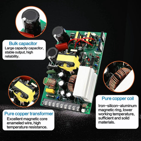 Interior components of a 600W 24V DC Switching Power Supply Regulated All-In-One Converter with capacitors and coils.