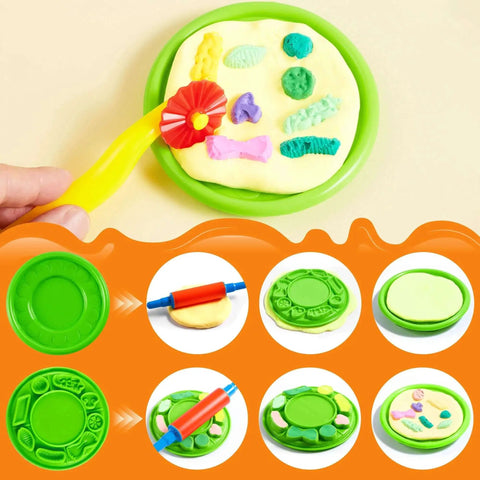 Kids 44 Piece Clay Tools Set With Rolling Pins, Molds, Cutters And Extruder Shapes For Creative Play on a green tray