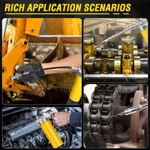 Heavy Duty Grease Gun Kit With 8000 PSI Max, 14 Oz Capacity, showing various automotive and marine maintenance uses