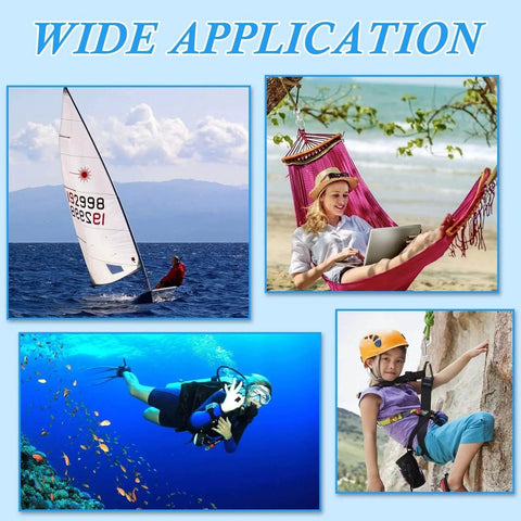 Collage showing various outdoor uses including sailing, relaxing in a hammock, diving, and rock climbing, highlighting versatility