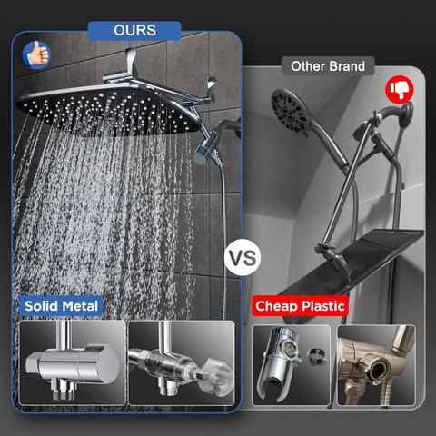 11.8 Inch Rain Shower Head With Handheld And Detachable Dual Showerhead Chrome comparison with other brand's plastic model.