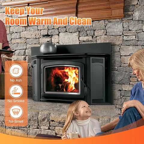 Wood stove in a stone fireplace with a kettle on top; orange promo banner and a smiling family nearby