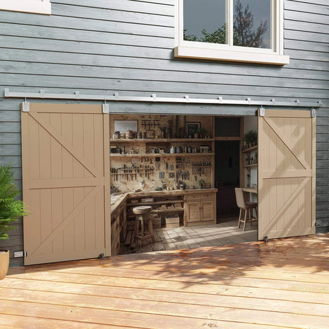 Exterior Sliding Barn Door Hardware Kit With Beefy Box Rail Heavy Duty 20 Foot Silver Finish Galvanized Steel installed