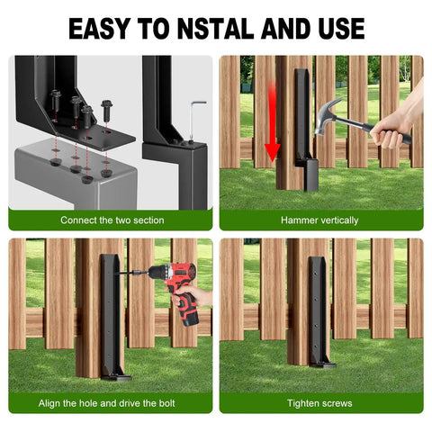 Installation steps for Heavy Duty Steel Fence Post Repair Kit Ground Spike Anchor showing connection, hammering, bolting, and tightening.