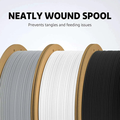 Neatly wound grey, white, and black spools highlighting the Matte PLA Filament Bundle 4kg 1.75mm for 3D Printing Ultra Accurate Tolerance 0.02mm