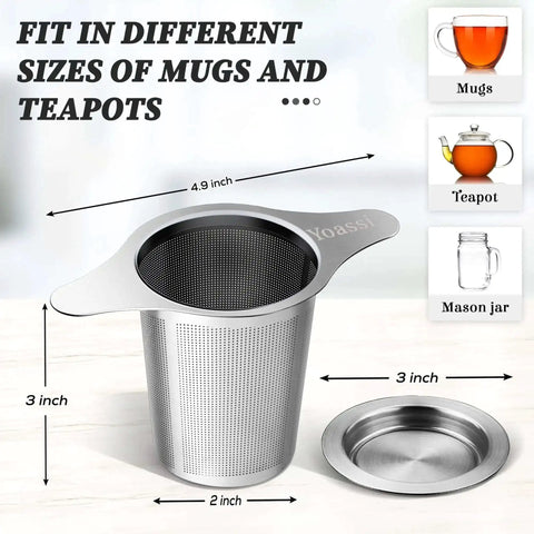 Extra Fine 18 8 Stainless Steel Tea Infuser Mesh Strainer with large capacity and double handles shown with size dimensions