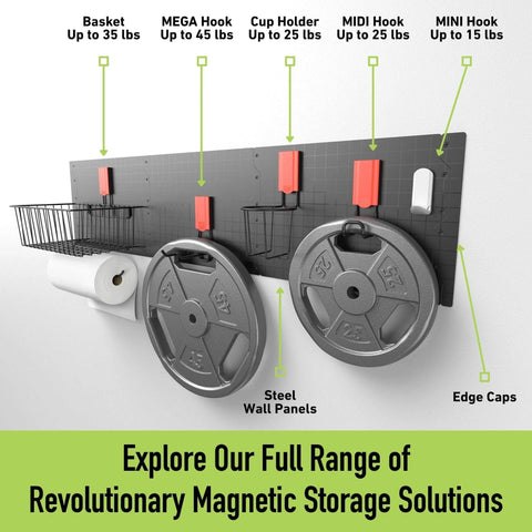 Steel wall panel with various hooks and weights demonstrating holding capacity, related to 4 Inch Open Magnetic Hooks Set For Steel Surfaces Heavy Duty 25 Pound Hold With Patented Easy Release And Non Slip Grip Ideal Storage And Organization For Garage Shed Home Cleaning Tools 3 Pack.