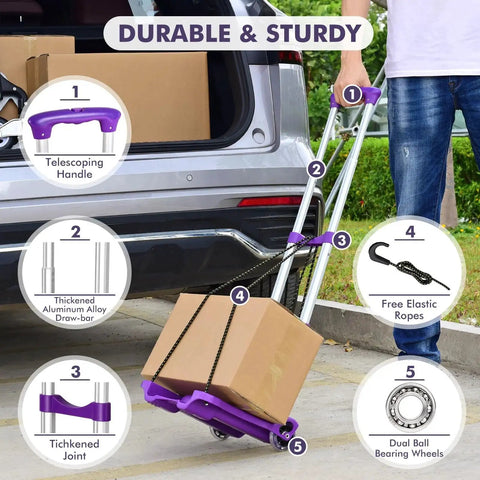 Heavy Duty Folding Hand Truck With Adjustable Height For Luggage And Moving, 110 LB Capacity, 4 Wheel Utility Dolly, shown loading box