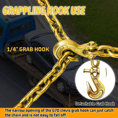 Close-up of G70 clevis grab hook on G80 Tow Chain One Quarter Inch by Twenty Foot for towing heavy duty trailer safety