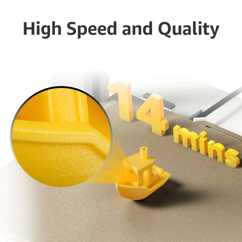 Close-up of Blazing Fast A1 Mini 3D Printer With AMS Lite showcasing quick print of a small yellow boat in 14 minutes with high precision.