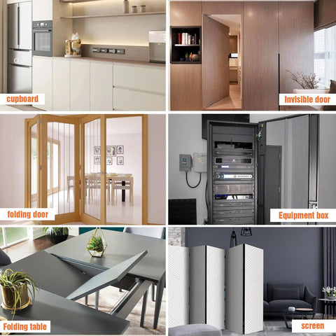 Collage showing cupboard, invisible door, folding door, equipment box, folding table, and screen in various home settings.