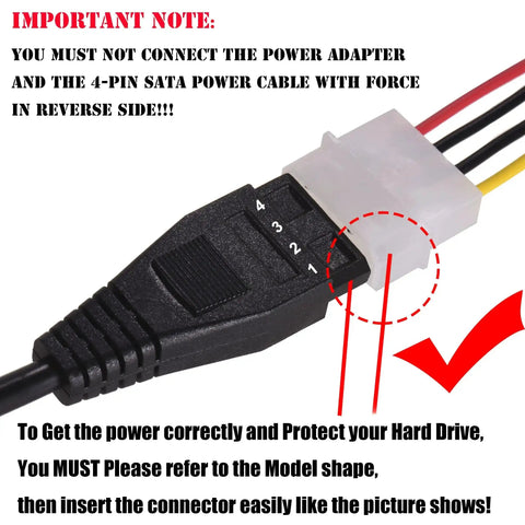 Plug And Play SATA IDE USB Two Point Zero Hard Drive Adapter Cable with External Power Supply connector alignment warning