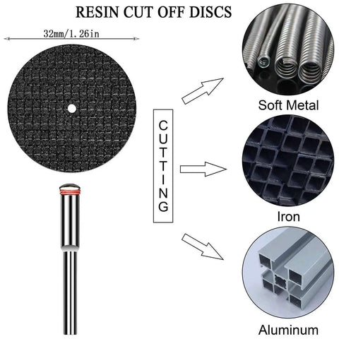 Resin cut off discs for rotary tool, compatible with Dremel, used for cutting soft metal, iron, aluminum; part of 32-piece kit