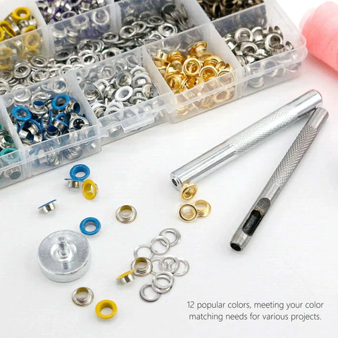 Three Sixteenths Inch Metal Eyelets Grommets Kit With Boxed Installation Tools, 600 Pieces, shown in 12 colors with tools
