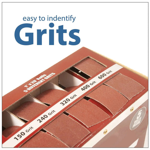 Close-up of emery cloth roll sandpaper dispenser with pro grade boxed multi roll tear off design for various grit sizes.