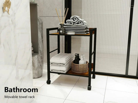 Bathroom scene with Two Tier Rolling Utility Cart With Brown Wood Shelves And Black Metal Frame On Wheels, styled with towels.