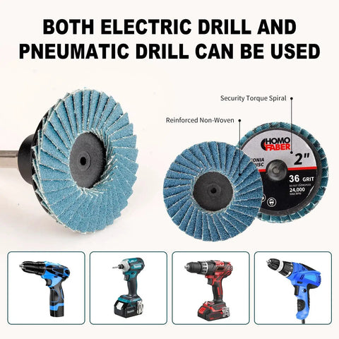 2 Inch Flap Discs Set For Die Grinder 50 Pack With One Quarter Inch Quick Change Holder Includes 36 60 80 120 Grit Roll Lock Sanding Discs For Surface Prep Grinding Polishing Deburring Rust And Paint Removal, compatible with electric and pneumatic drills.