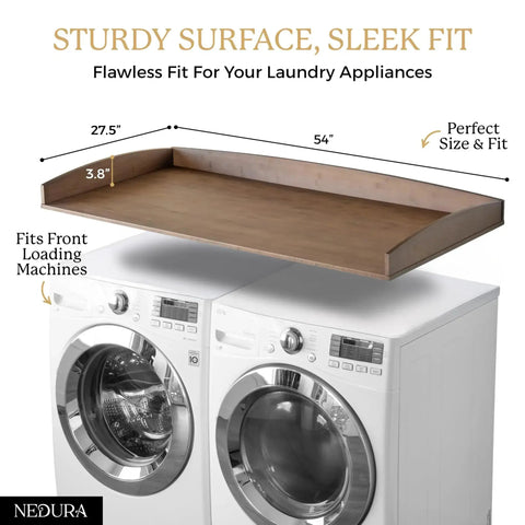 Washer And Dryer Countertop Topper With Anti Vibration Pads And Curved Edge Rails Must Have Space Saver Premium Bamboo Surface In Dark Walnut 54 Inch Wide Laundry Room Organizer Fits Most Front Load Washers And Dryers