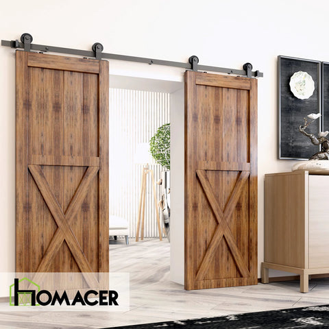 Installed Black Rustic Sliding Barn Door Hardware Kit For Two Doors With 7ft Flat Track And T Shape Rollers Heavy Duty