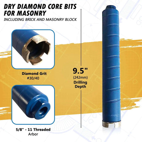 2 Inch Dry Diamond Core Drill Bit For Brick Block And Masonry With 9.5 Inch Drilling Depth 5/8-11 Arbor, shown close-up.