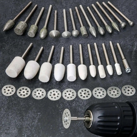 Pro Grade Diamond Burr Set For Rotary Tool Grinding And Engraving, 36-piece diamond mounted bits with 1/8 inch shank displayed