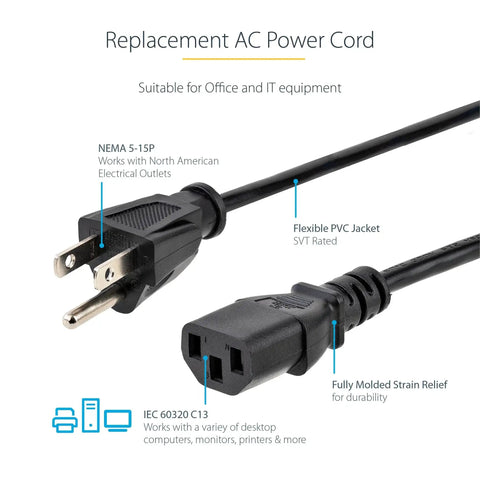 10 Ft Computer Power Cord NEMA 5-15P To C13 For Home Office Desktop Setup Printers PC Monitors 18 AWG 125V 10A Black