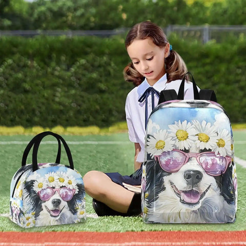 Border Collie Daisy Sunglass Backpack With Insulated Lunch Cooler Lightweight 15.6 Inch Laptop Daypack next to sitting girl