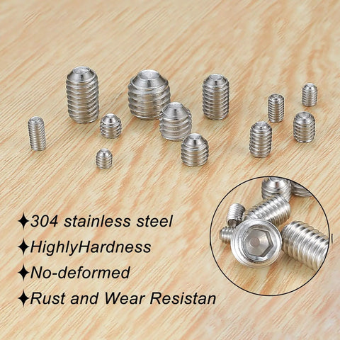 240 Pcs Set Screws Assortment Kit With Allen Keys In M3 M4 M5 M6 M8 Sizes Premium 304 Stainless Steel on wooden surface